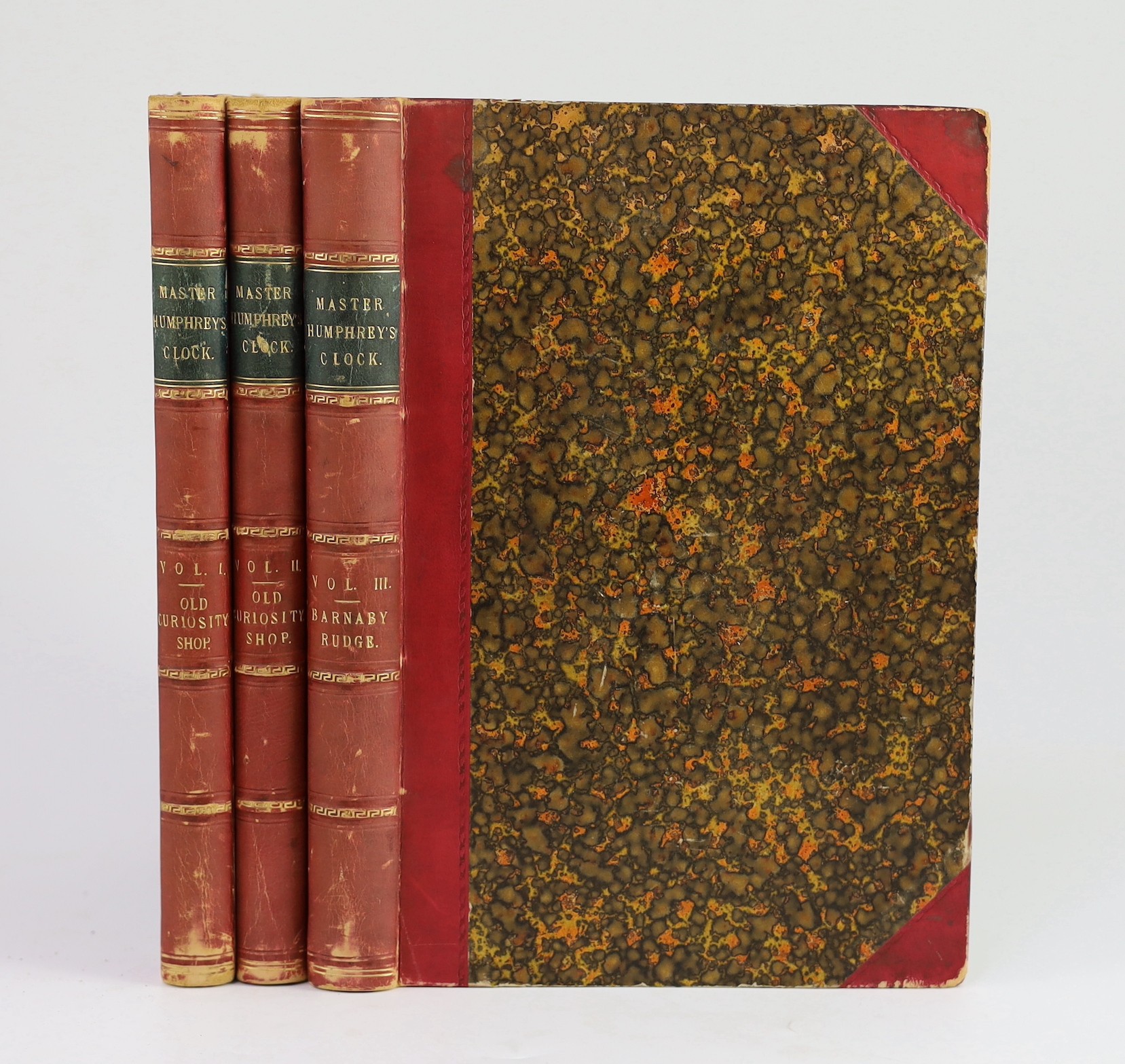 Dickens, Charles - Master Humphrey’s Clock, 1st edition in book form, 3 vols, quarter red calf with marbled boards, illustrated by George Cattermole and Halbot K. Browne (‘’Phiz’’), Chapman and Hall, London, 1840-41